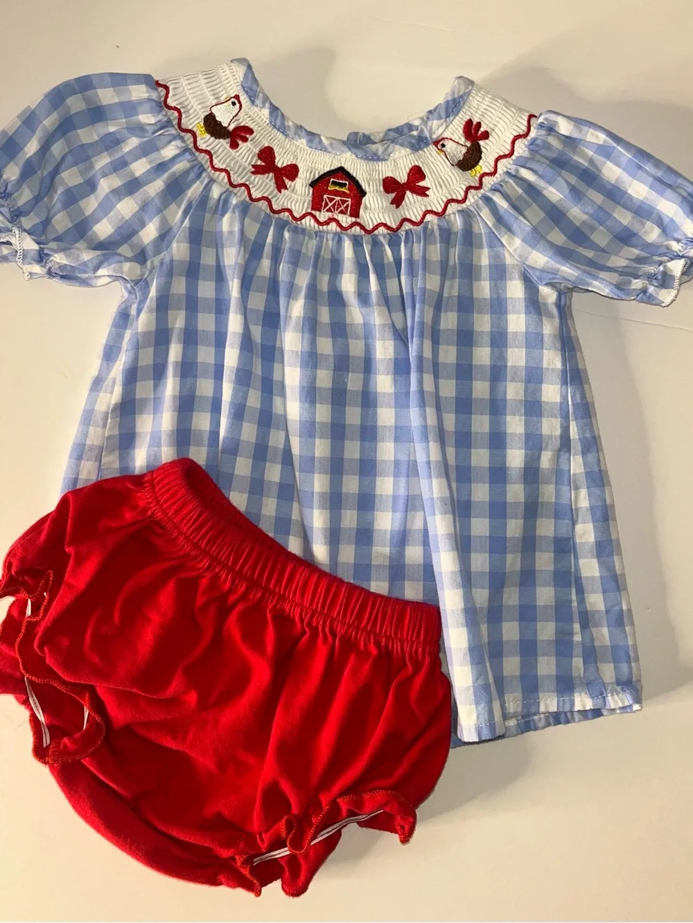 Blue Gingham Smocked Top and Red Bloomers Girls Chicken Red Barn Matching Set